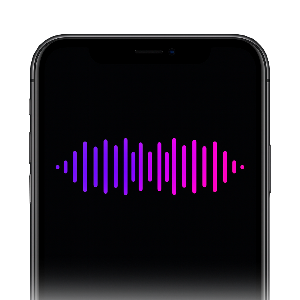 Smartphone com forma de onda de áudio em gradiente roxo e rosa